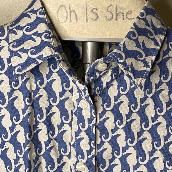 J. Crew Cornflower Blue White Seahorse Button Down Shirt Top Size XS - Picture 5 of 6